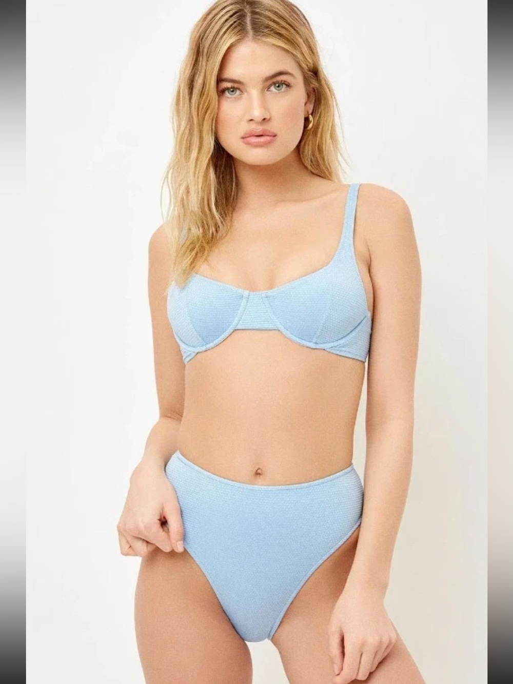 Frankie's Bikinis Grotto High Waisted Metallic Light Blue Shimmery Bikini Set